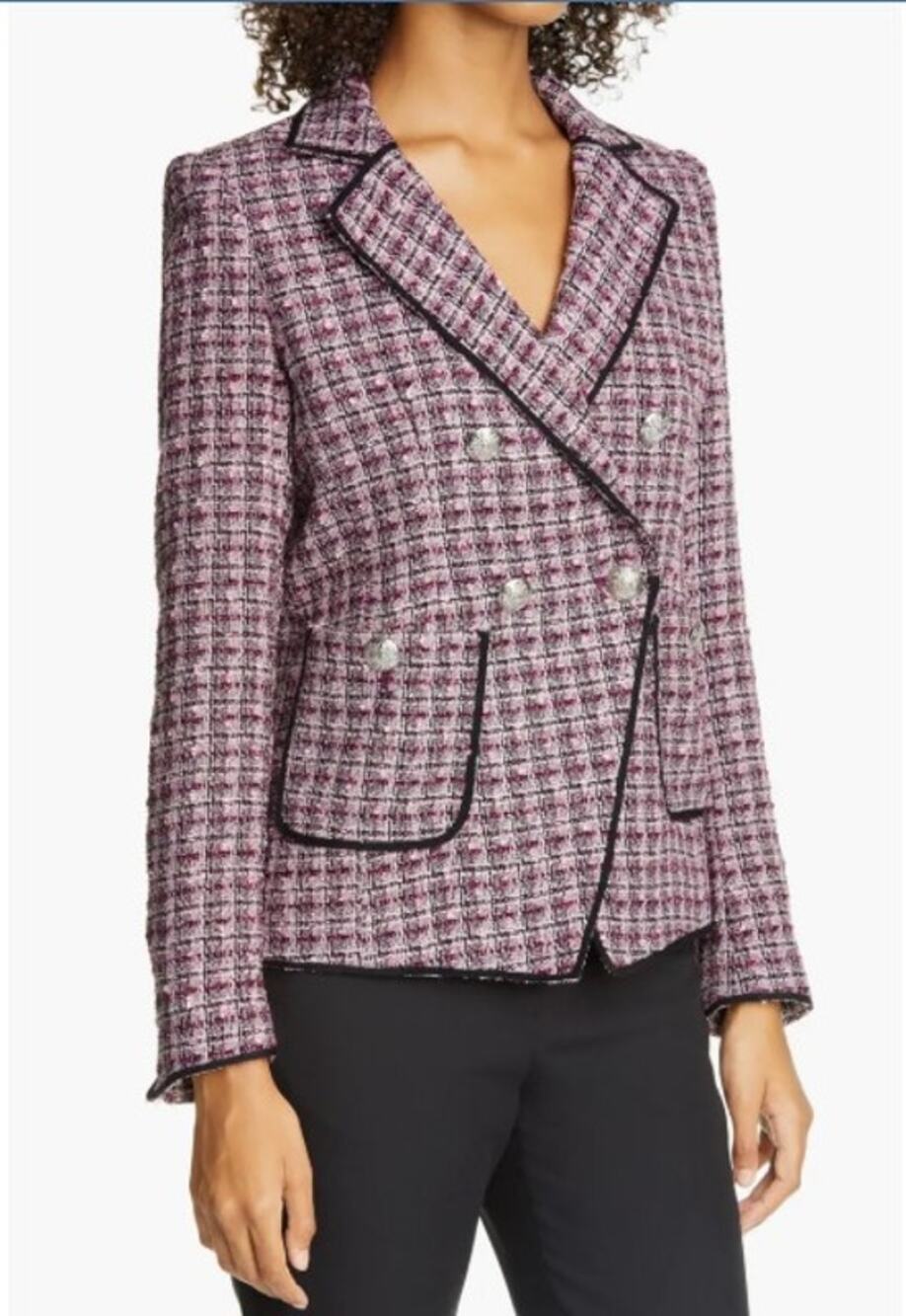 VERONICA BEARD Theron Tweed Jacket Double Breasted Blazer Size 8 Pink Plum Black